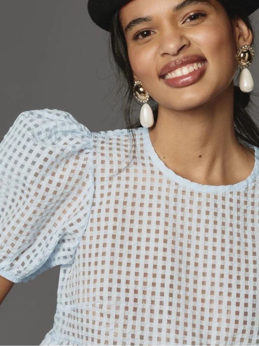 Anthropologie Maeve light blue sheer puff sleeve baby doll top - Picture 3 of 7
